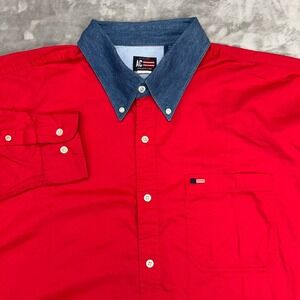 AVALON Shirt Men's XL Red Long Sleeve Button Down Denim Collar‎ 100% Cotton